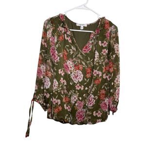 Haven & Blair Blouse Women's Small Green Metallic Floral Boho Sheer 3/4 Sleeve